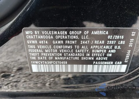 2015 Volkswagen Passat 2.0L Tdi Sel Premium z USA, uszkodzony, nr VIN 1VWCV7A36FC070459